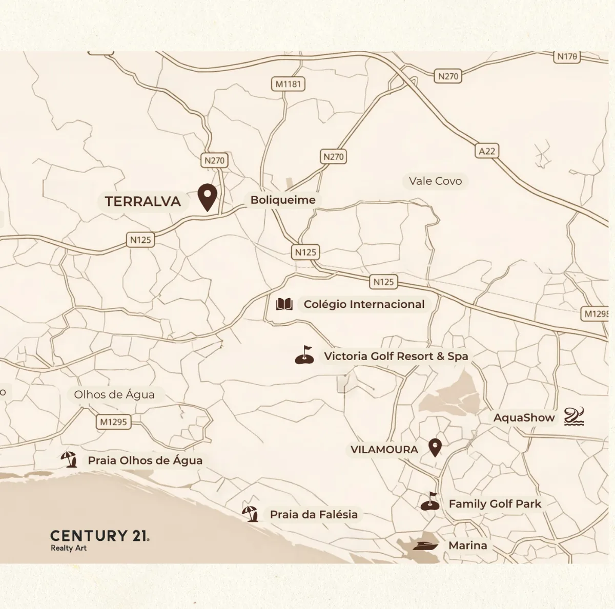 Mapa de localização do Terralva em Boliqueime, com Vilamoura, a Praia da Falésia, o Colégio Internacional e o Aeroporto de Faro
