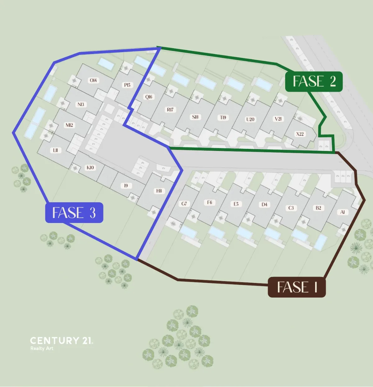 Mapa do empreendimento Terralva com as três fases e a implantação de cada moradia